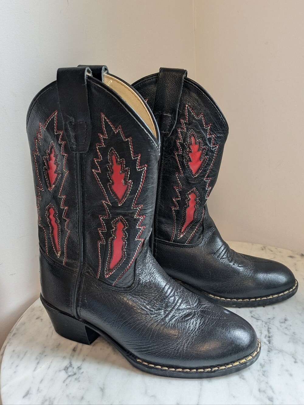 Old West Black Leather Western Boots with Red Inlay Toddler Size 11